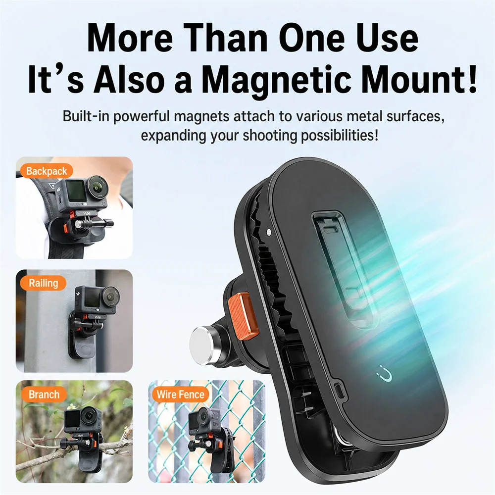 VRIG AC-97 360 ° DJI Action 6/5 Pro/4/3 Insta360 Ace Pro 2용 회전식 백팩 클립, 야외 촬영용 미니 볼헤드 마운트