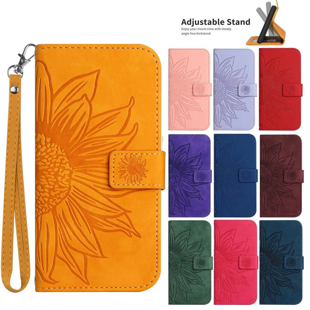 Sunflower Leather Wallet Flip Phone Case with Card Holder and Strap