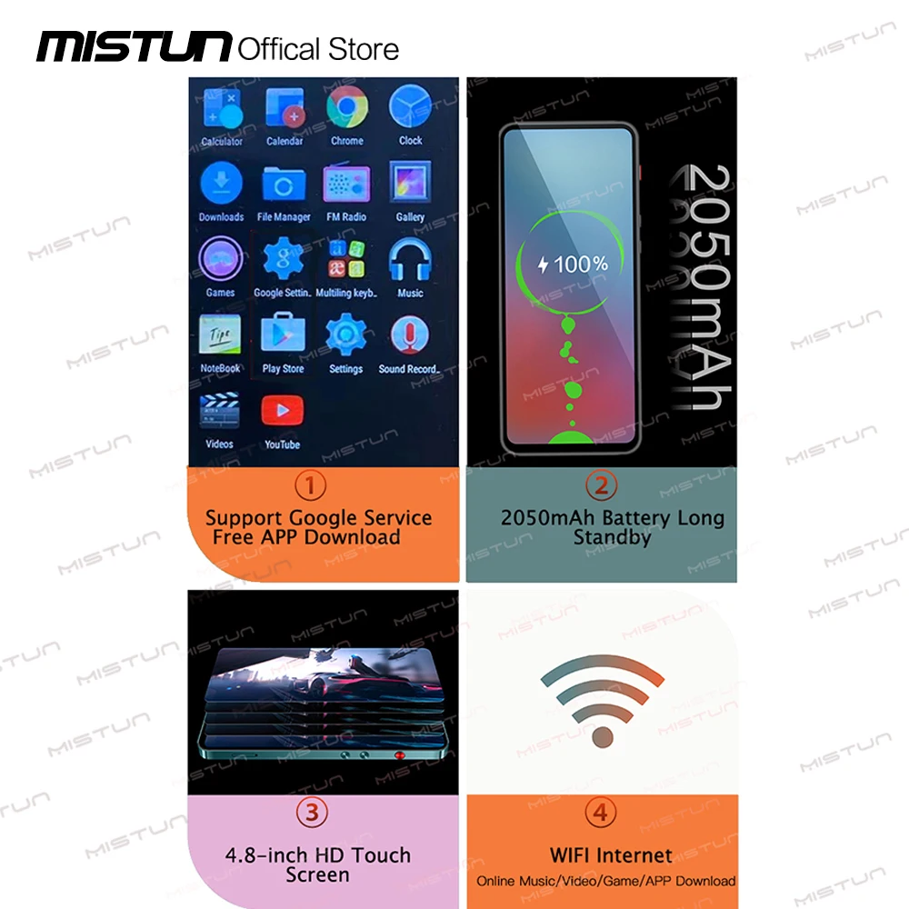 MP4 Music Player Portable WiFi Bluetooth 4.8&ldquo; HiFi Sound with Browser Google Service youtube Spotify Free APP