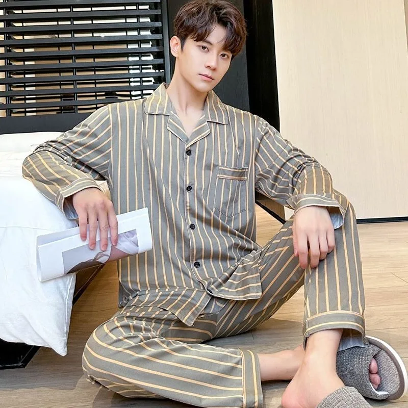 2024 New Pure Cotton Pajamas Men's Autumn Winter Sleepwear Long Sleeved Cotton Thin Loungewear Plaid Oversized Homewear Set