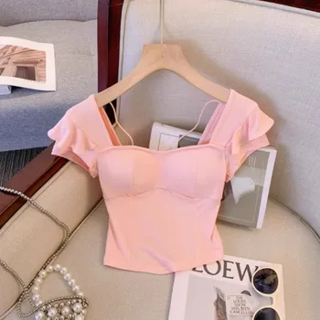 Korean Sle Versatile Design Square Collar ort Sve T-irt ow Body ape Ele Small Flng Sve Belly up Top 1