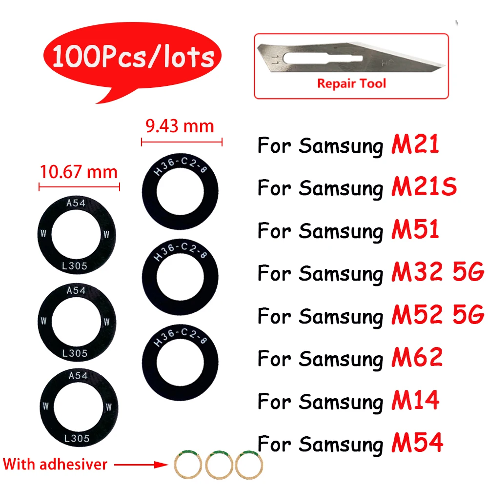 

100Pcs/lots Original Rear Camera Glass Lens + Adhesive Sticker For Samsung Galaxy M62 5G M14 M54 M31 M51 M32 5G M52 M53 5G M21S