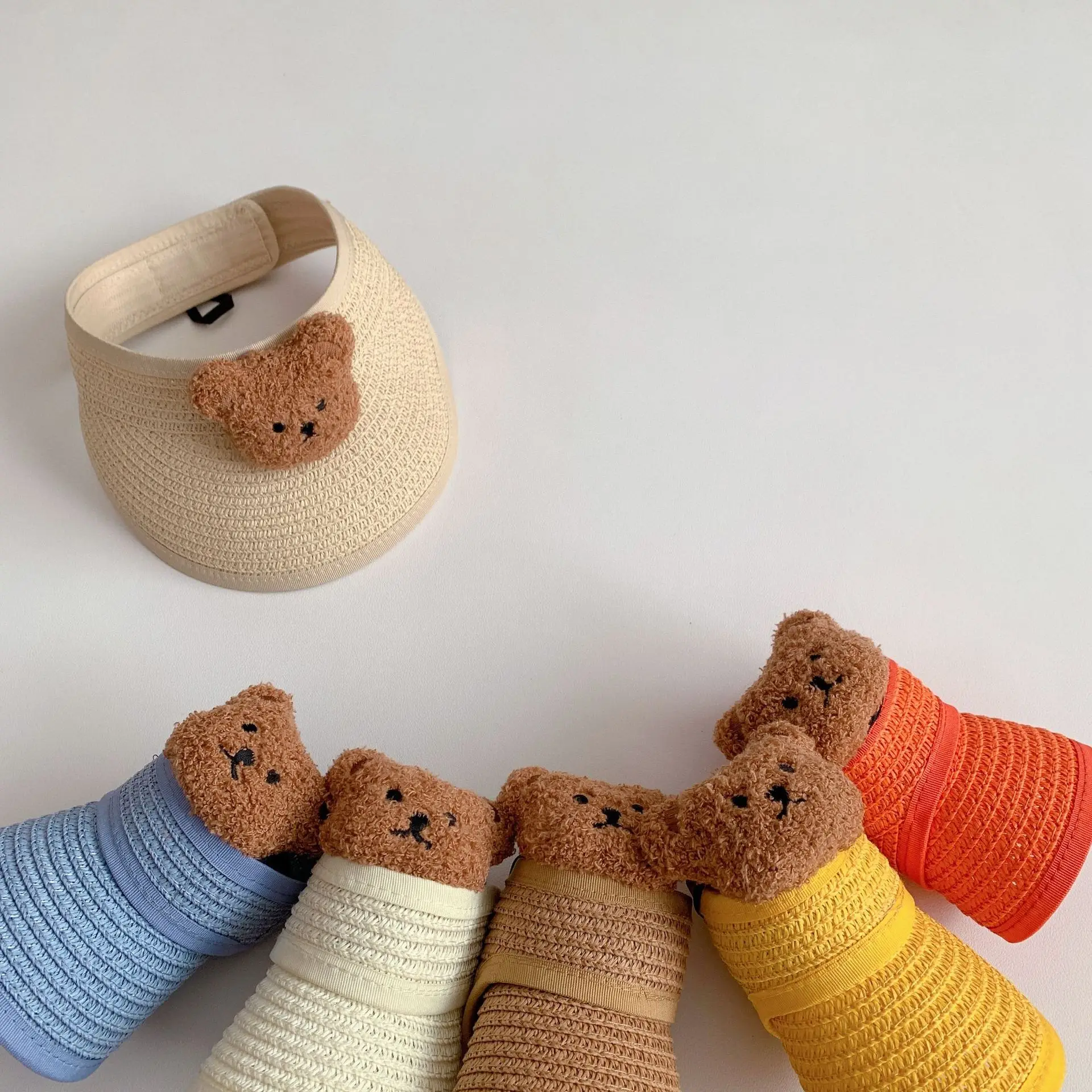 Korean Cute Cartoon Bear Kids Sun Protector Hats Headband Summer Braided Collapsible Outdoor Caps for Baby Boys Girls Children