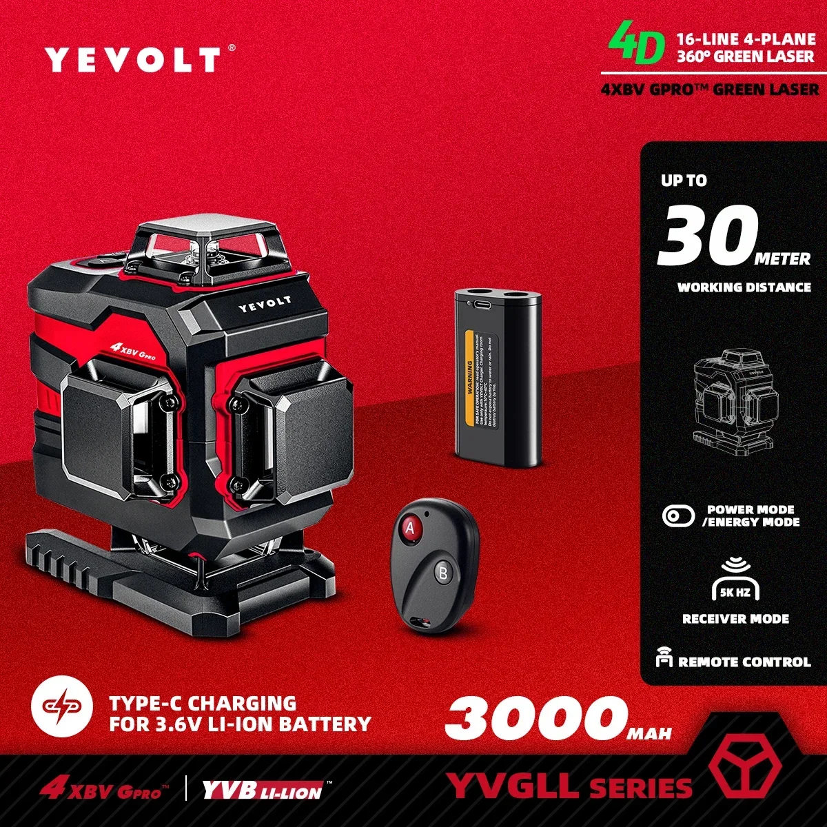YEVOLT YVGLL4XS16 4D 360 ° רמת לייזר מרובה שורות בעלת 16 קווים להתאמה עצמית לשימוש בחוץ עם כיסוי מדויק במיוחד של 30 מטרים