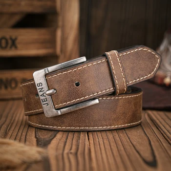Men's - Women's - Western Denim - PU Leather - Belt - Vintage Jeans Belt Brown with Carved Buckle 1