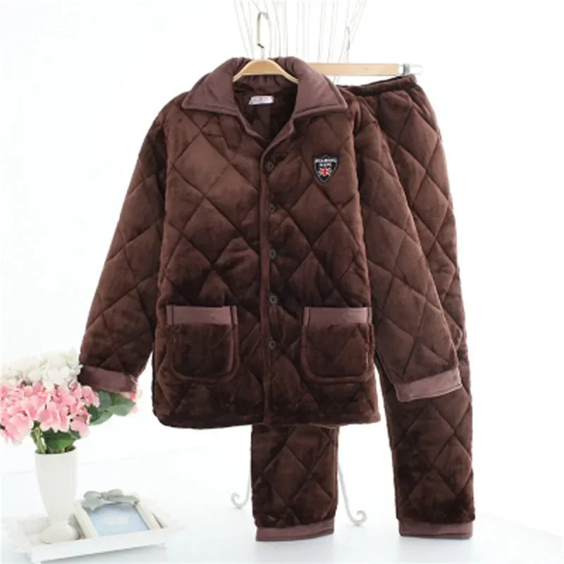 Sleepwear Men Winter Three-layer Cotton Sandwich Thickened Coral Velvet Home Suit Middle-aged Young Large Size Outer Flannel Set
