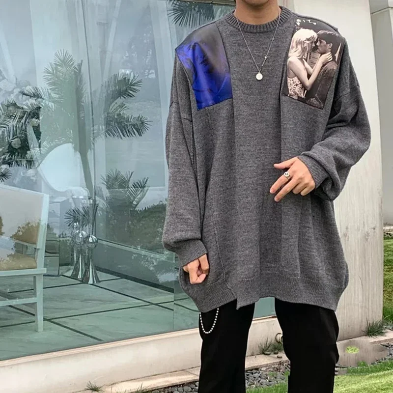

Velvet Film Character Stick Cloth Outline Sweater Fall/winter High Street Snowflake Grey Round Neck Wool Sweater