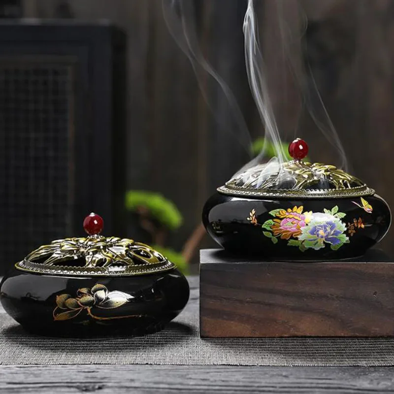 Porcelain Black Sandalwood Coil Incense Holder Hollow Flower Pattern Aroma Burner Fragrance Censer Home Decor