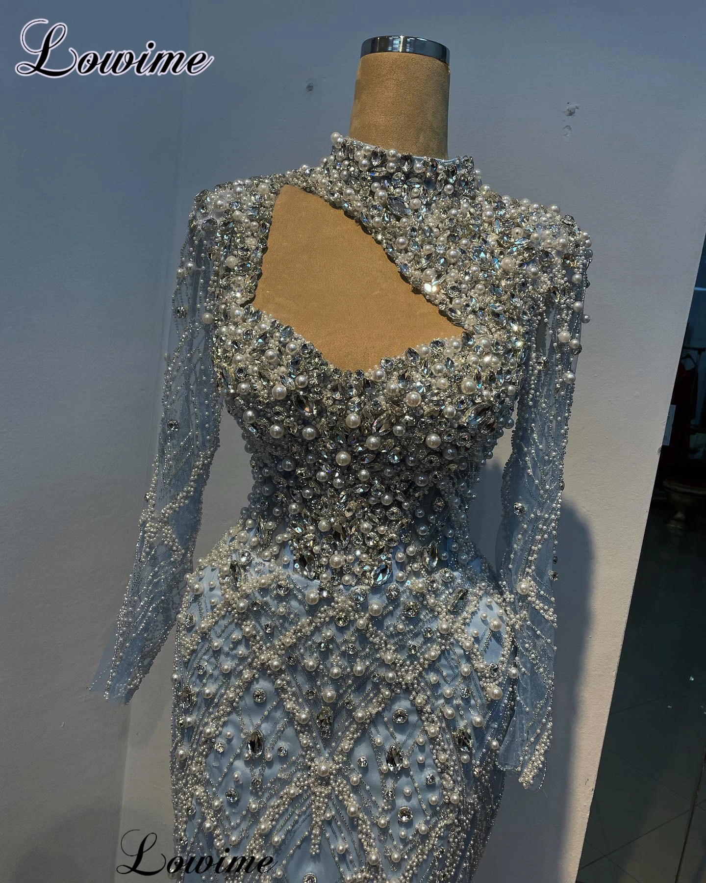 Simple Sky Blue Cocktail Dresses With Pearls High Neck Evening Party Dresses With Long Sleeves Vestidos De Gala Prom