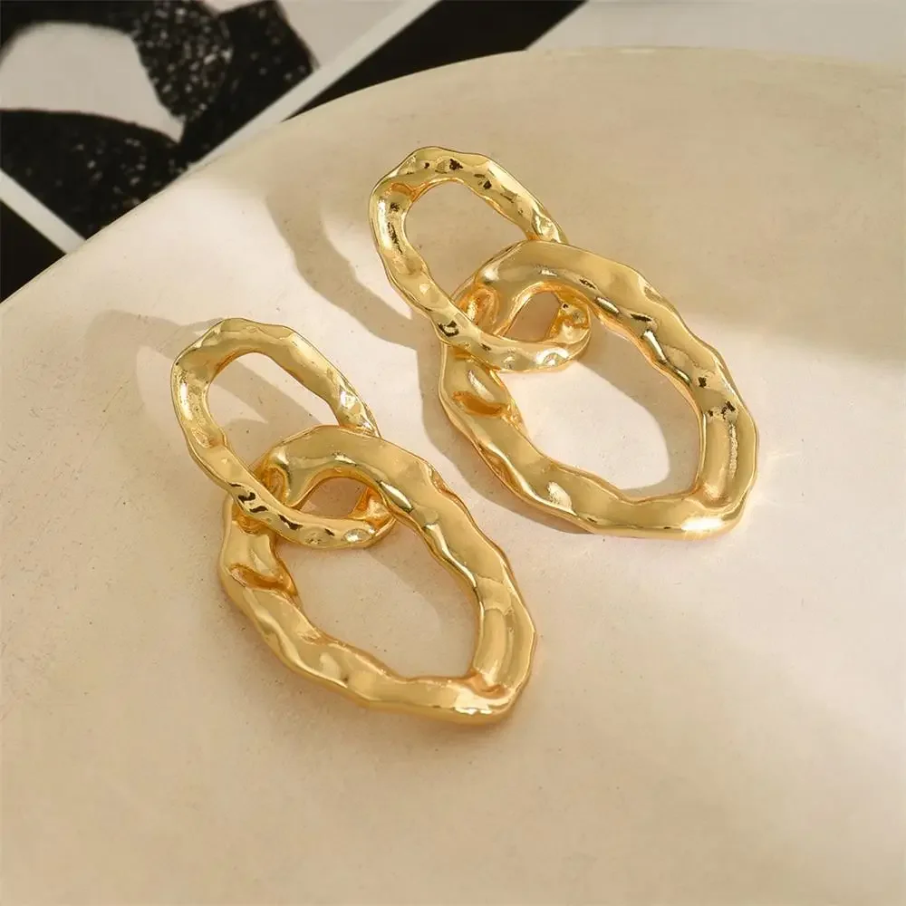 Vintage 18k Gold Plated Statement Dangly Circle Pierced Dangle Earrings Lava Textured Double Round Huggies Femal Jewellery Gifts