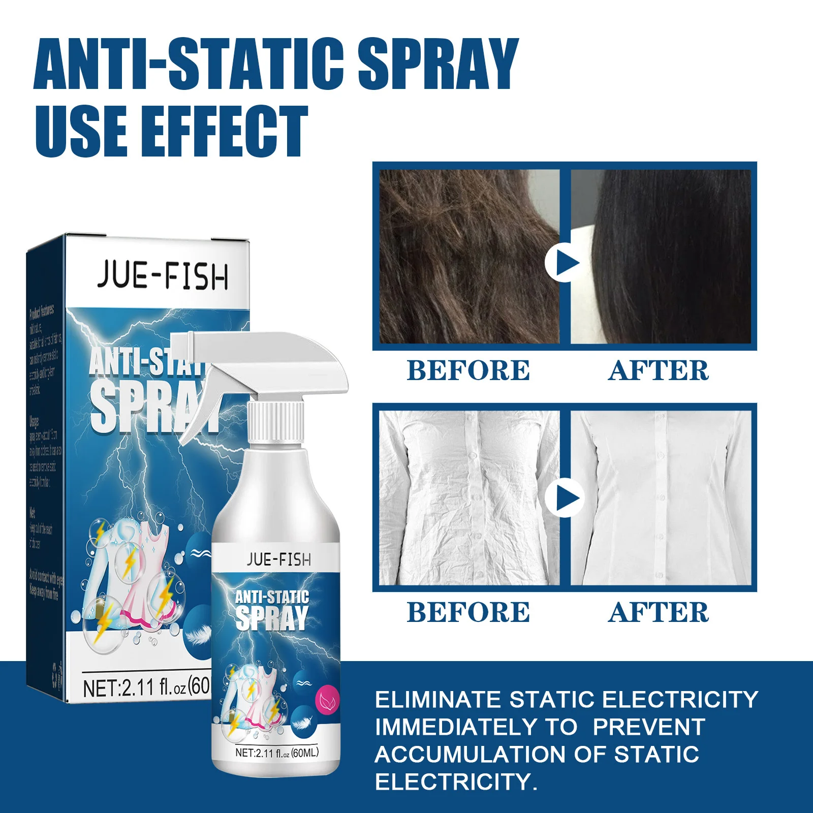 Static Spray for Clothes Anti Static 60ml Cling Remover Spray Starch for Ironing Clothes Odorless Remover Wardrobe