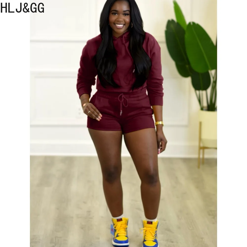 HLJ&GG Wine Red Casual Hooded Sporty Two Piece Sets Women Long Sleeve Top And Drawstring Shorts Tracksuits Female 2pcs Outfits