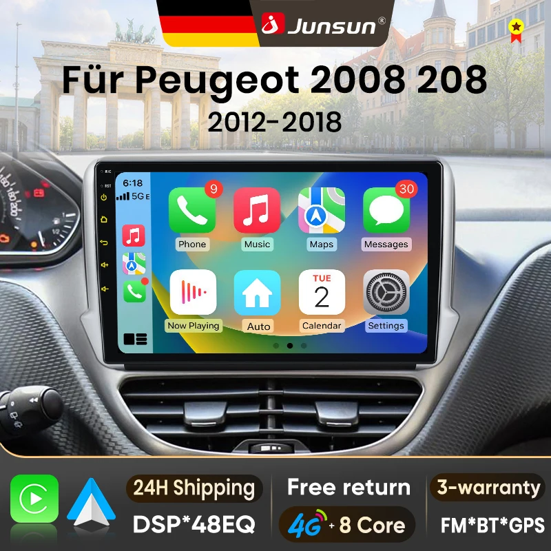 Junsun 10-calowe radio samochodowe z Androidem 15 do Peugeot, bezprzewodowe Apple CarPlay, automatyczny ekran dotykowy IPS, stereo, odtwarzacz multimedialny, inteligentne systemy samochodowe, radio samochodowe 2 Din, nawigacja GPS, BT 4G WIFI FM AM DSP RDS SWC DAB+