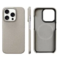 Luxurious Natural Cowhide Lychee Leather Magnetic Phone Protector Case for iPhone 17 (Grey)