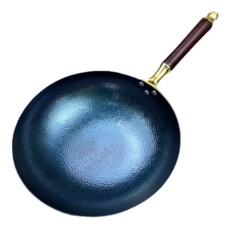 

Traditional Hammered Iron Wok Golden Wooden Handle Pot 2mm Thickness Uncoated Kitchen Cookware Round Bottom Woks