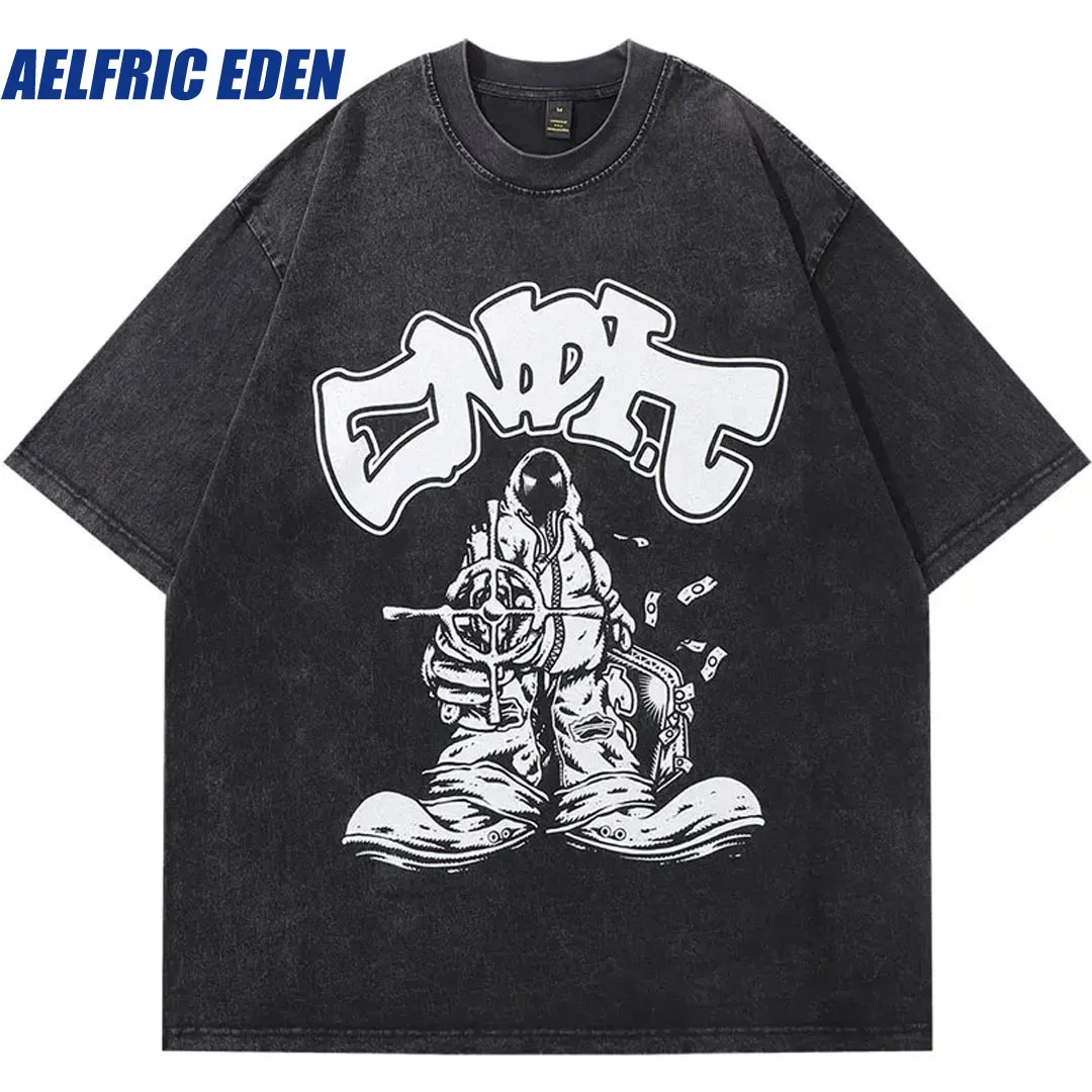 

Aelfric Eden Men Vintage Tshirt Harajuku Cartoon Graphic Print Oversized T-Shirt Hip Hop Punk Gothic Loose Washed Tops Shirts