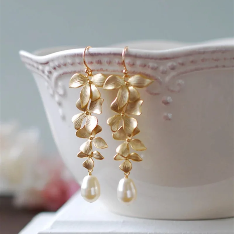 

Long Metal Earrings with Tassels, Bride Earrings with Cream and Pearl Tears, Wedding Earrings