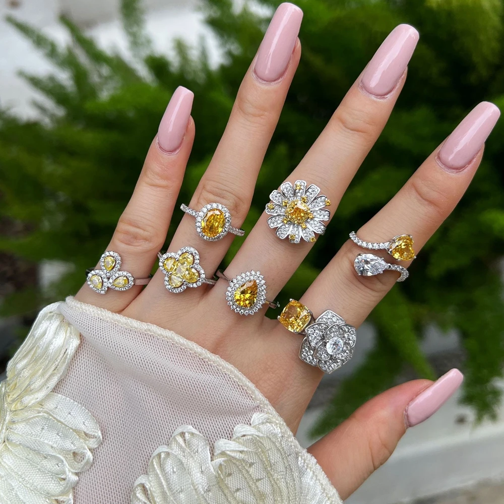 Vinregem Lab Created Citrine High Carbon Diamond Gemstone Sparkling Ring for Women 100% 925 Sterling Silver Jewelry Wholesale