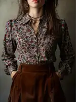 Ditsy Floral Print Long Sleeve Button-Up Blouse for Women, Loose Fit Casual Shirt