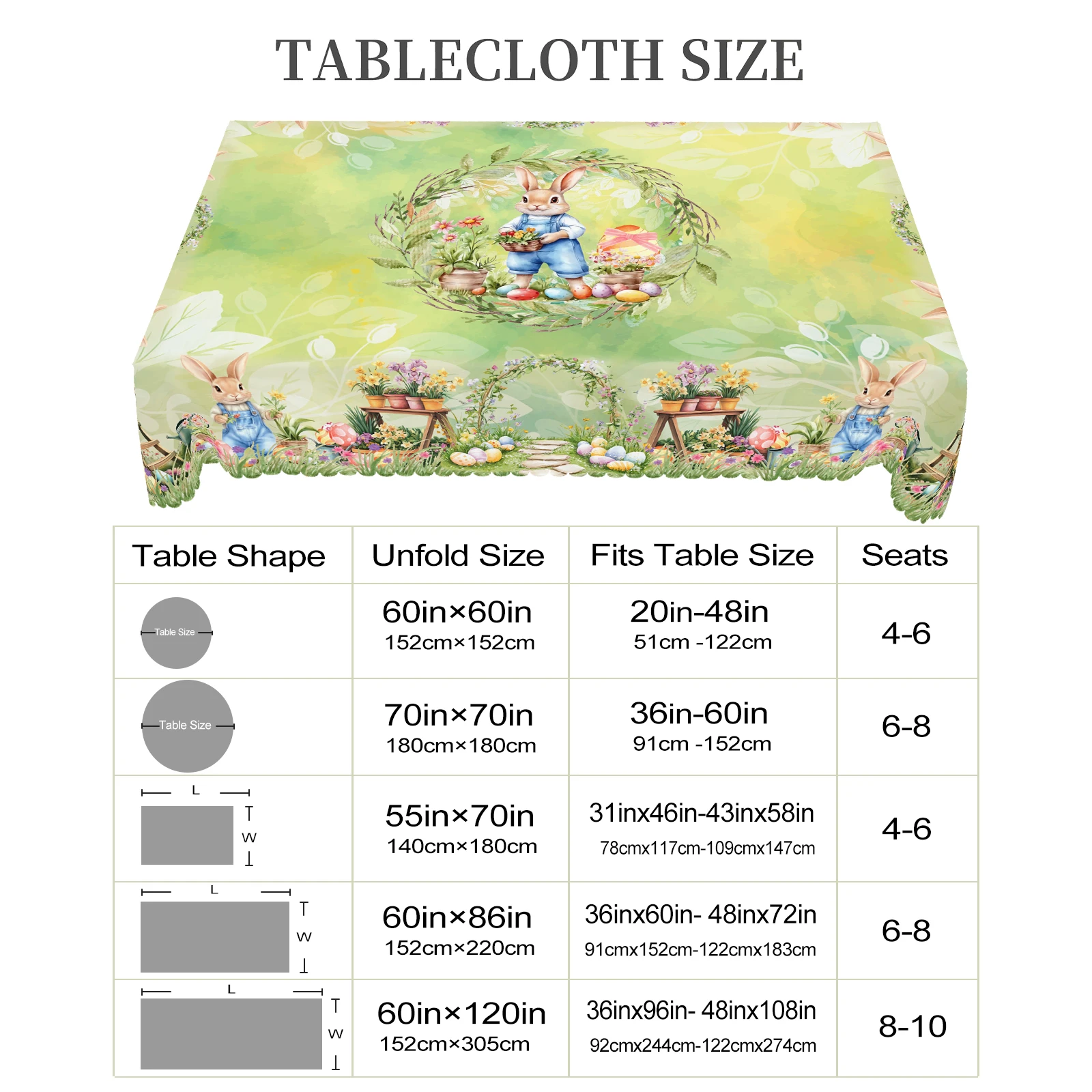 1 Easter Round Tablecloth, 5 Sizes Available, Retro Style Garden Easter Bunny Egg Print Tablecloth, Edge Embossing Process, Spring Garden Tablecloth Decoration, Tablecloth for Daily Home Kitchen, Terrace Use, Easter Decoration 6