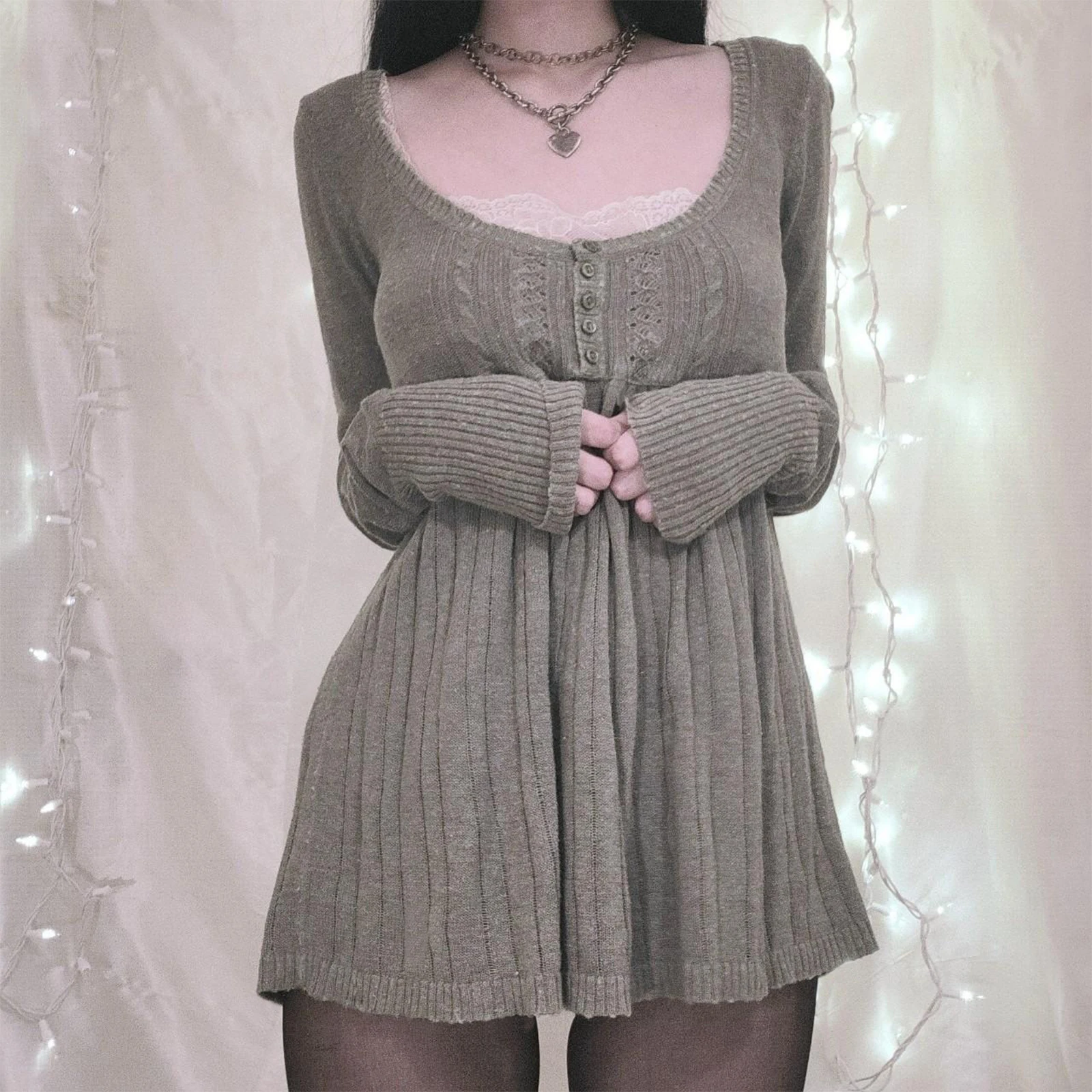 Y2K Fairy Grunge Knitted Sweater Long Sleeve Tunic Tops Low Cut Peplum Babydoll Blouse Button Down Harajuku 90s Vintage Jumpers 1