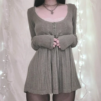 Y2K Fairy Grunge Knitted Sweater Long Sleeve Tunic Tops Low Cut Peplum Babydoll Blouse Button Down Harajuku 90s Vintage Jumpers 1
