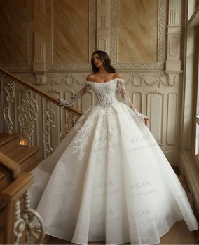 Abiti da Sposa Eleganti e di Lusso, Vestiti da Sposa Sexy a Linea A per Donne, Scollo a Barca, Schiena Scoperta, Maniche Lunghe, Abiti da Cerimonia Personalizzabili
