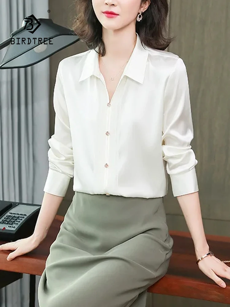 

Birdtree Women's 2024 Spring Autumn New,V-neck Long Sleeve Hong Kong Style Blouse,92% Silk 8% Spandex Versatile Shirt T39257QC