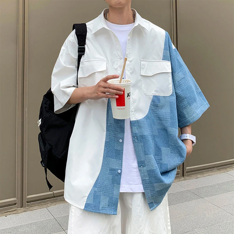 

Hit Color Patchwork Geometric Japanese Harajuku Korean Short Sleeve Shirt Men Oversized Blouses Summer Cardigan Fashion Cool Top