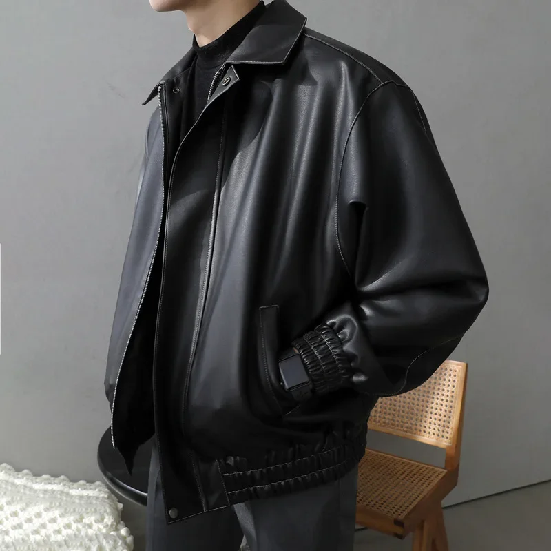 

Man Black Leather Jacket Spring Autumn New Loose Leather Motorcycle Jackets Oversize Korean Casual Moto Biker Coat Outerwear XXL