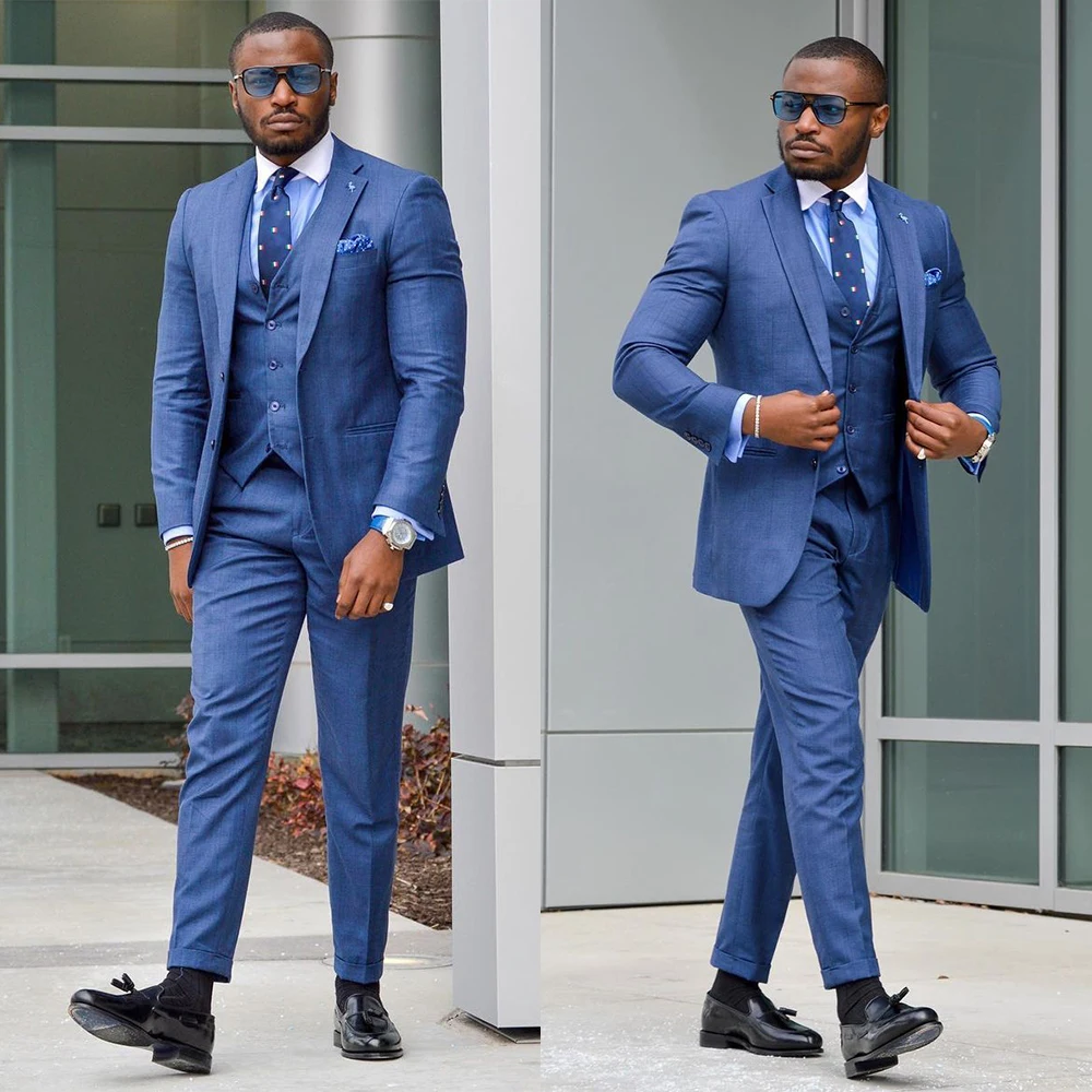 

3 Pieces Men Suit Tailor-Made Blue Blazer+Vest+Pants Single Breasted Slim Fit Wedding Business Formal Causal Prom Tailored