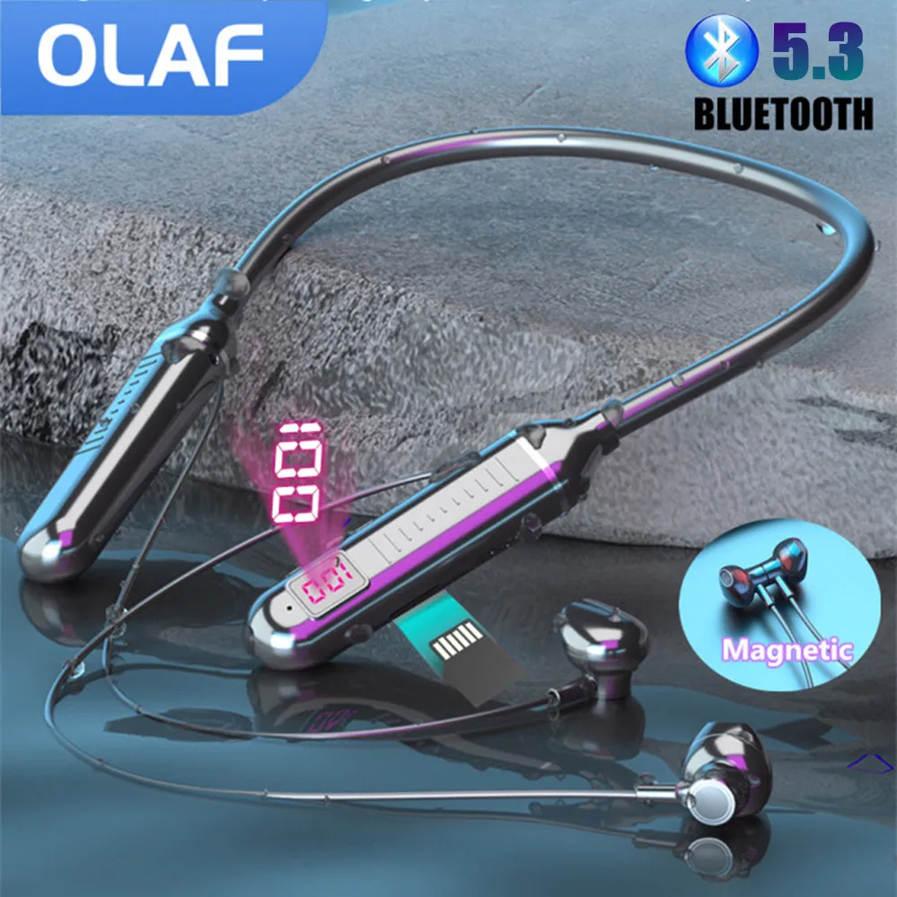 OLAF Wireless Earphones Bluetooth 5.3 Neckband Headphones Gaming Power Display HIFI Headset TWS Earbuds With Mic Support SD Card