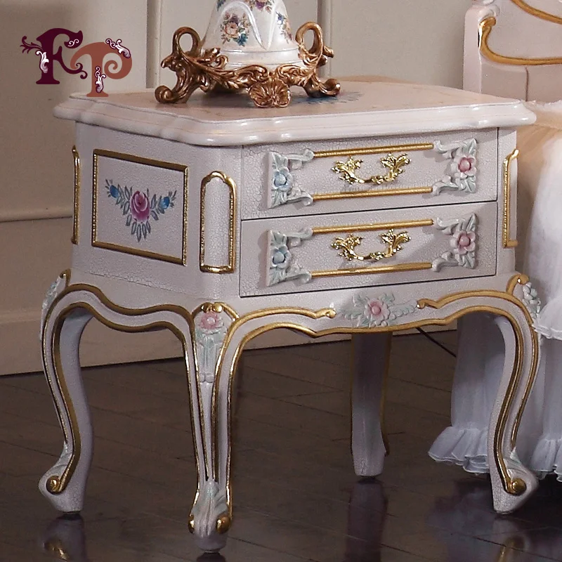 European Baroque Classical Furniture Luxury Villa Bedroom Combination Solid Wood Carved Double Bedside Table |