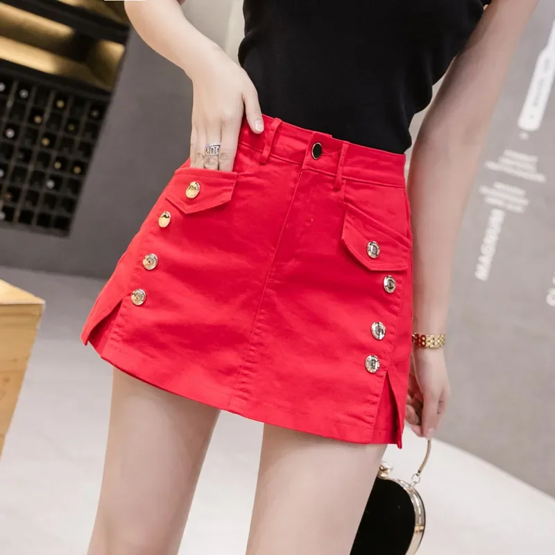 Summer Women's High Waist Slim Denim Shorts New Fashion Casual Skirt Shorts Girls Slit Red A-line Short Jeans Female Streetwear