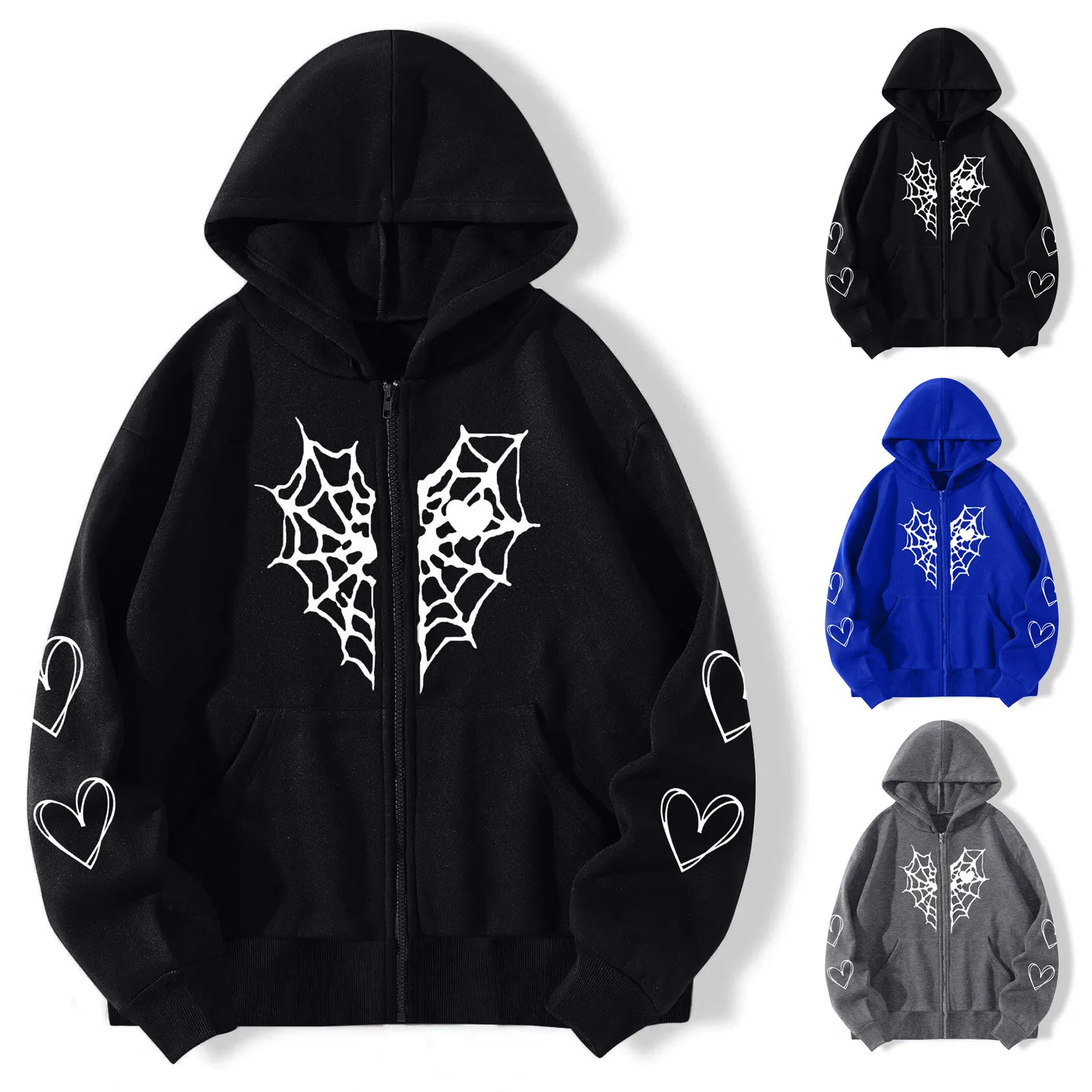 

Women Heart Graphic Gothic Style Long Sleeve Hoodlies Zipper Thermal Hoodie Korean Pocket Coat Womans Clothing Vetements Femme