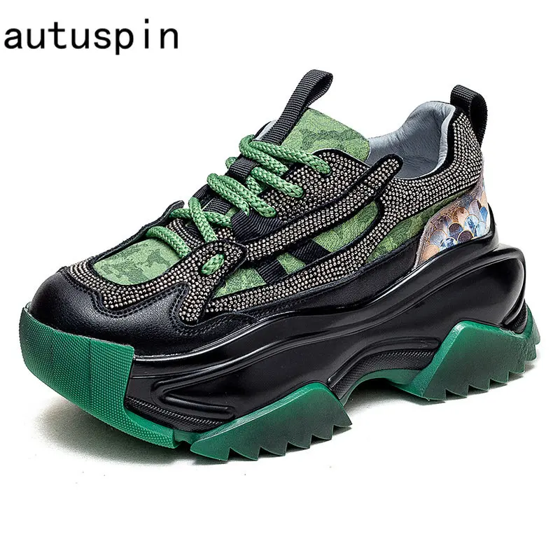 

Autuspin Women Rhinestone Sneakers Summer Retro Genuine Leather Casual Cross Tied Sports Trainers Female Vulcanize Shoes Walking