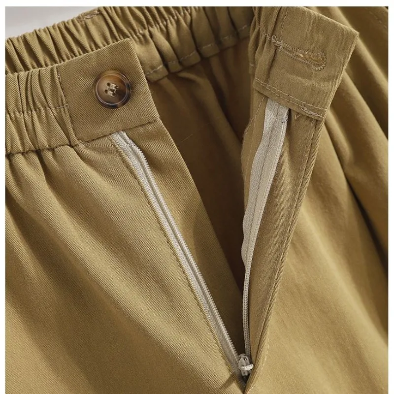 Summer Women's Clothing Solid Color Elastic Button High Waist Pockets Casual Loose Wide Leg Streetwear Commuter Trendy Shorts