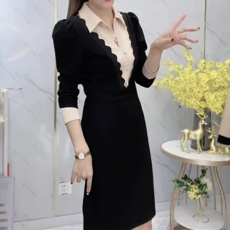 Abito con colletto a camicia piccolo da donna in autunno e inverno Nuova gonna di media lunghezza attillata in vita sottile 5