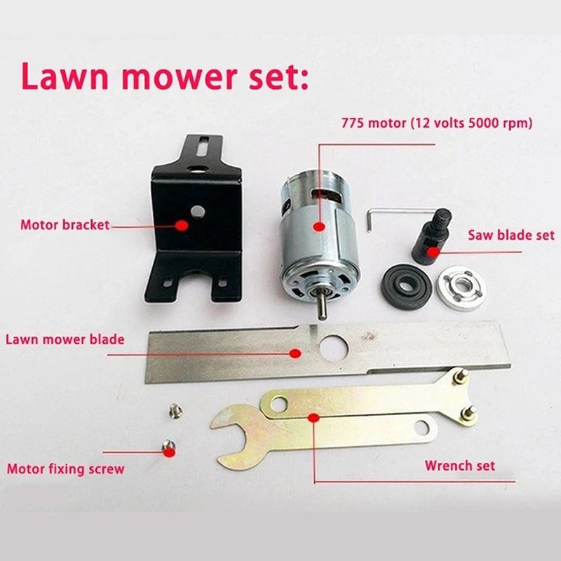 A78U-3X DIY Lawn Mower Set DC 12V 775 Motor Manganese Steel Blade Garden Moving Tools Mini Tool Grass Cutting Machine