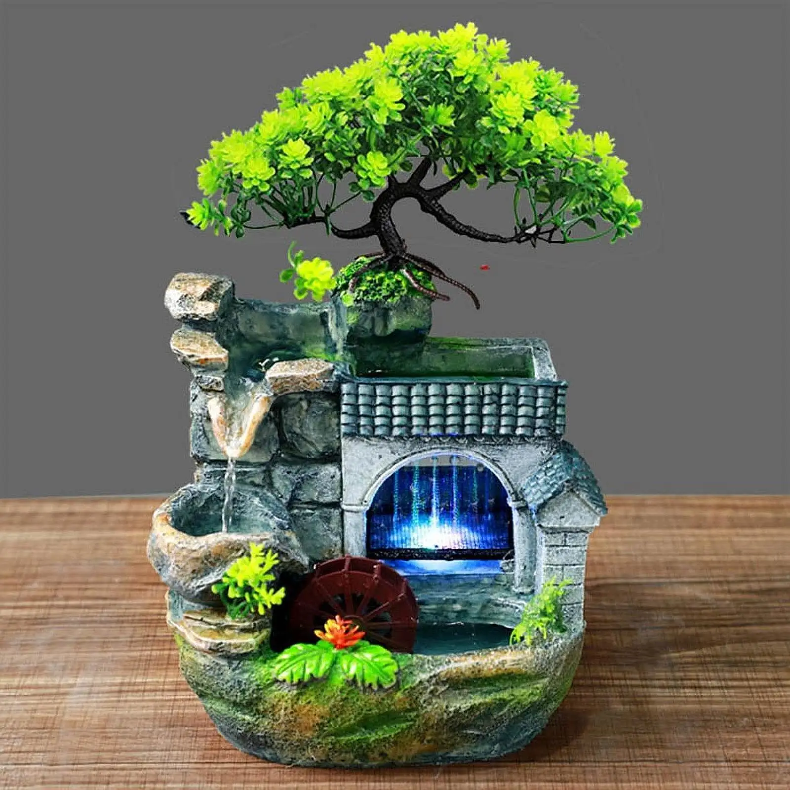 Table Water Fountain with Colorful Light EU 220V Feng Shui Ornament with Pump Mini Waterfall for Living Room Handmade Versatile