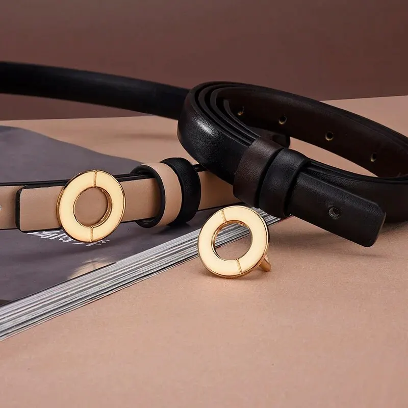 Women's Belt Fashion Gold Round Buckle Belt Double Sided Wearable Soft PU Leather Belt High Grade Genuine Jeans Belt Lady Belt