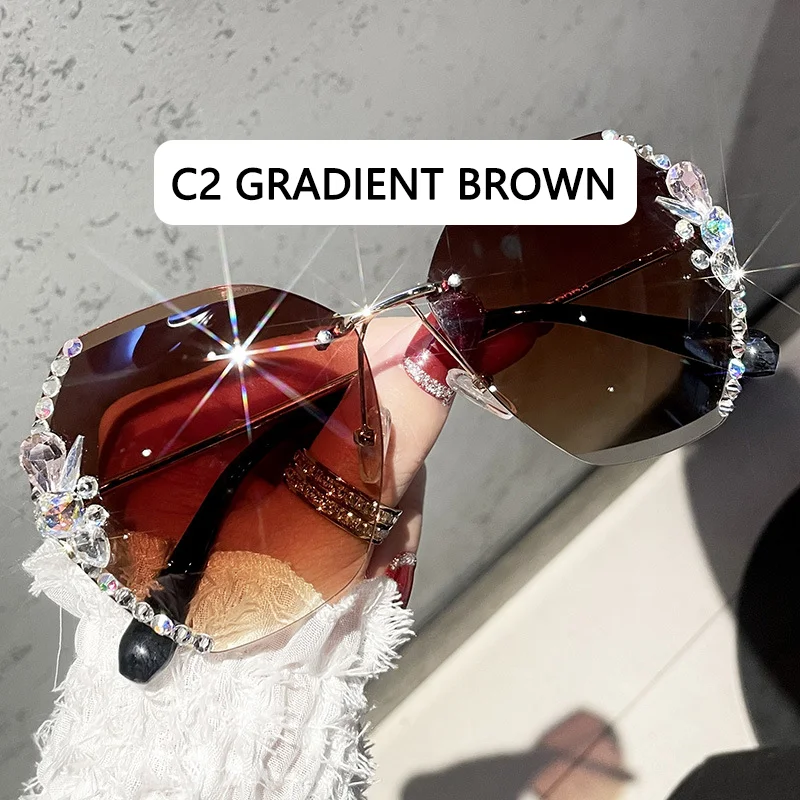 Vintage Rimless Rhinestone Sunglasses Women 2022 Luxury Brand Design Fashion Gradient Lens Sun Glasses Men Shades for Female big frame sunglasses Sunglasses