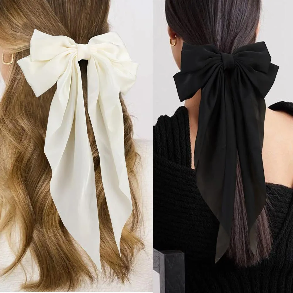 

4Pcs Elegant Oversize Bowknot Hair Clip With Long Tail For Girls Ribbon Bow Spring Clip Ponytail Bow Hairpins Hair Accessories