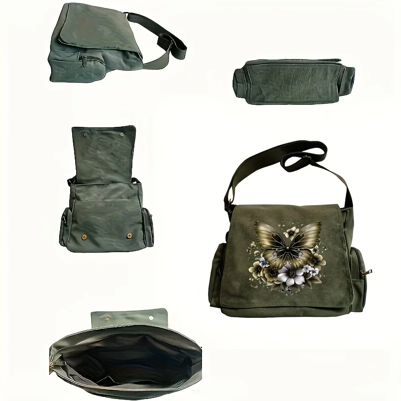 Women's Large Capacity Canvas Crossbody Bags Butterfly & Floral Shoulder Bag Multiple Pockets Message Bag Daily Commuting