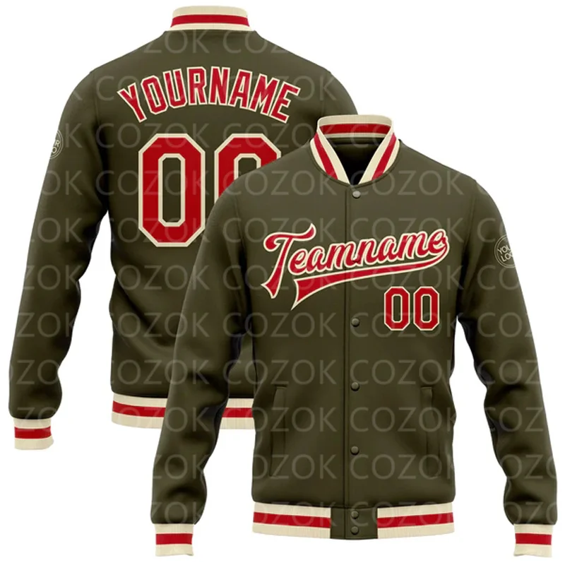 Custom Brownish green 3D Printed Baseball Button Jacket Bomber Full-Snap Varsity Letterman Jacket