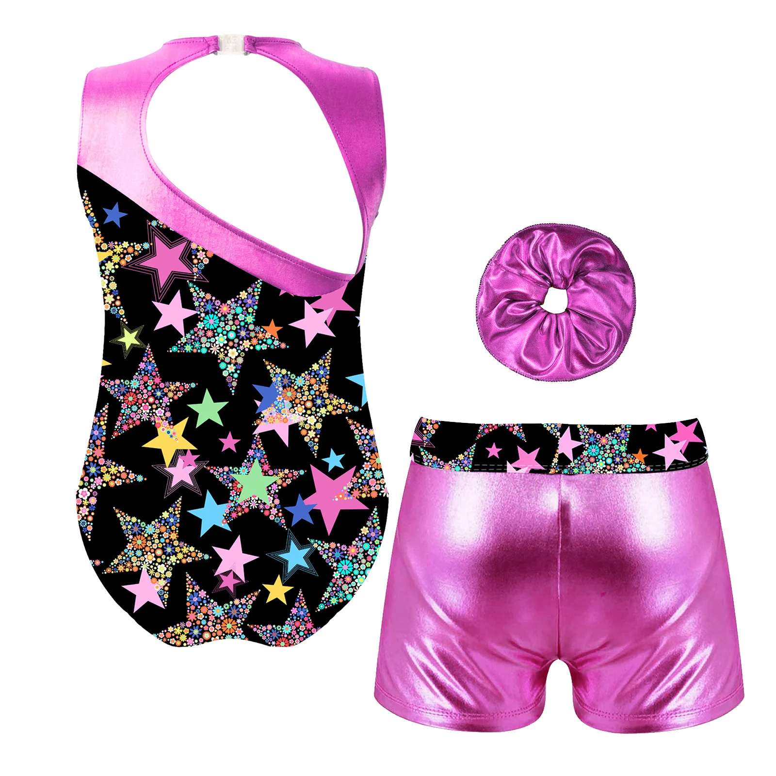 TiaoBug Kids Girls Gymnastics Sport Dance Set Sleeveless Hollow Out Leotard with Shorts and Headband for Competition Performance