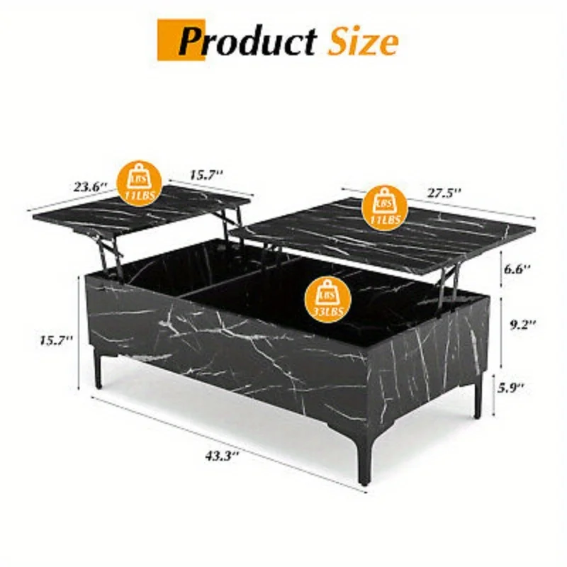 Black 43" High Gloss Lift-Top Coffee Table Marble Veneer w/Storage Living Room
