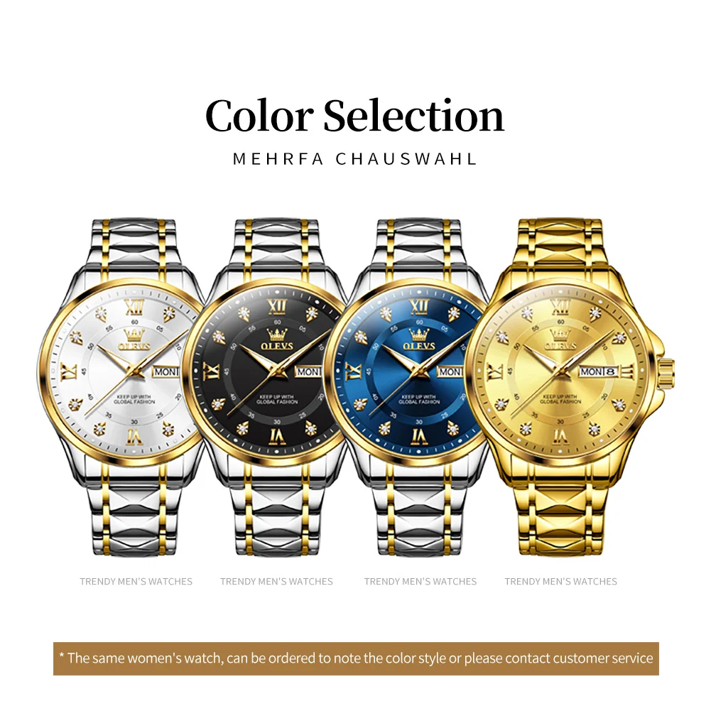 OLEVS Original Luxury Brand Couple Watch Dual Calendar Gold