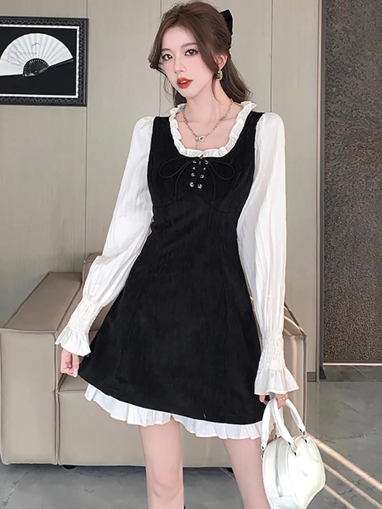 

2023 Black Corduroy Patchwork Chic Ruffled Mini Dress Autumn Winter Korean Vintage Party Dress Women Elegant Bodycon Night Dress