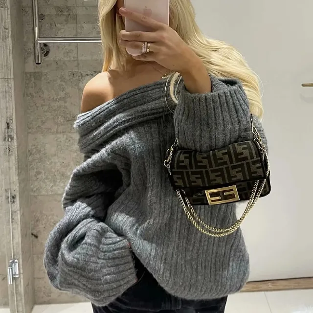 Winter Coffee Rib Knitting Ruched Slash Shoulder Pullover Sweater Women Full Sleeve Loose Thick Knitwear Oversized Jumper Beige 5